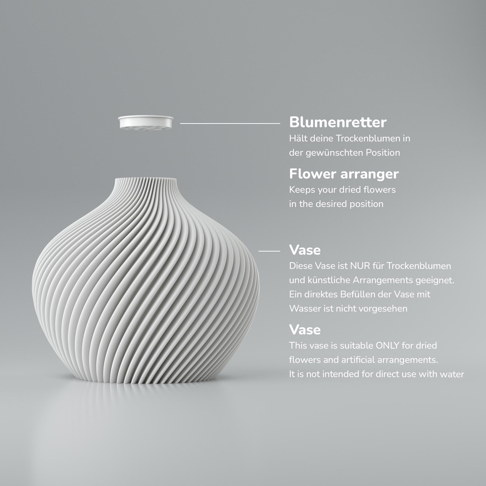 Weiße Vase mit geripptem Muster auf grauem Hintergrund, darüber ein kleiner Einsatz und Texthinweise zu Blumenrettern und Vase.
